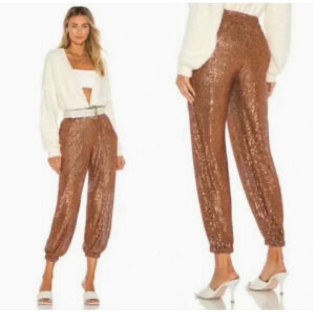 Free People Morelia Sequin Pants‎ Bronze Brown Elastic Waist Pockets Joggers L